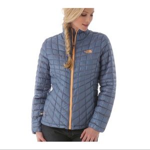 The North Face, Womens: Thermoball Puffy Jacket-Blue w/ Orange Zipper, Medium